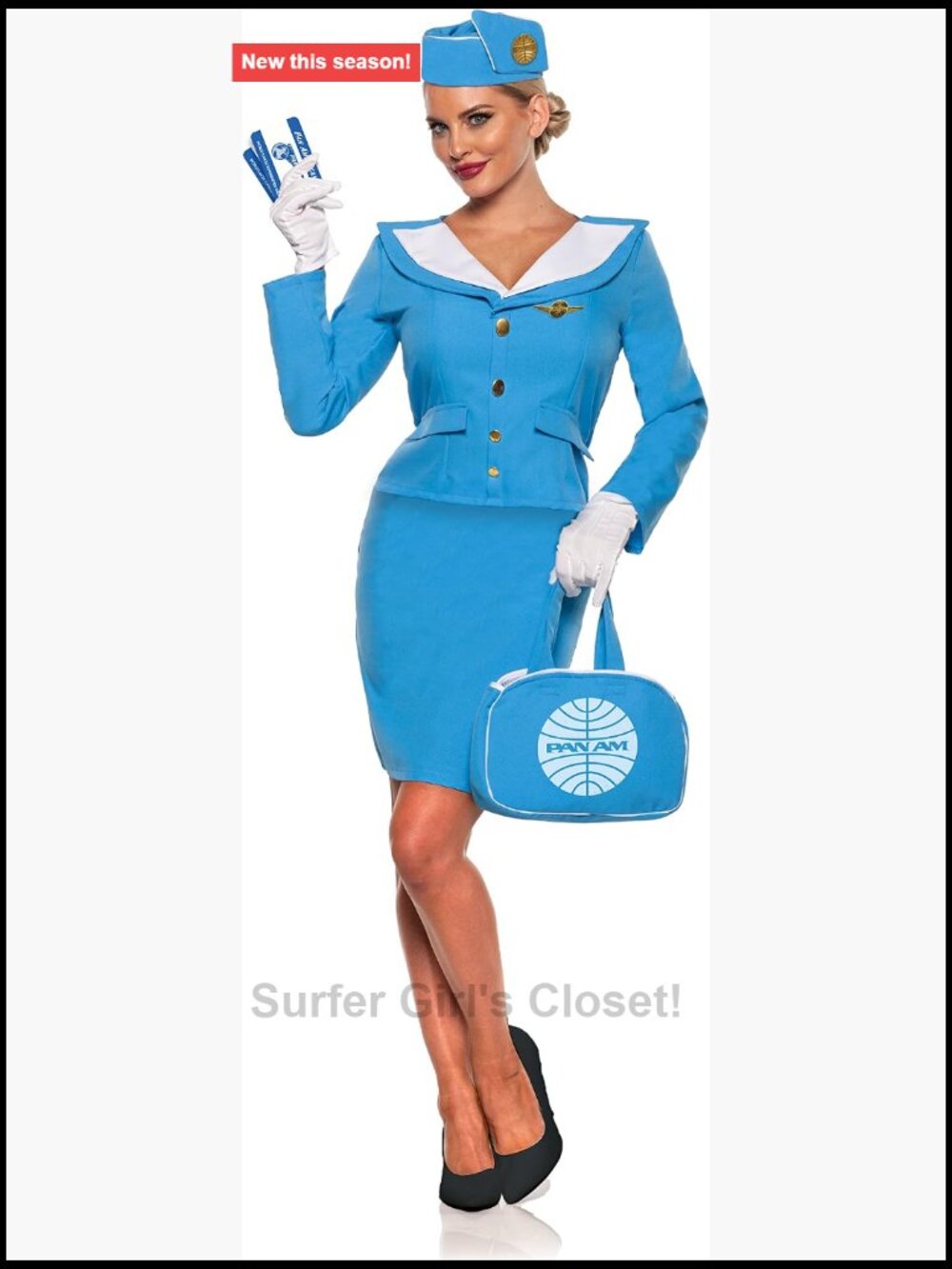 Officially Licensed PAN AM Stewardess Costume Mini Dress Hat Gloves Bag